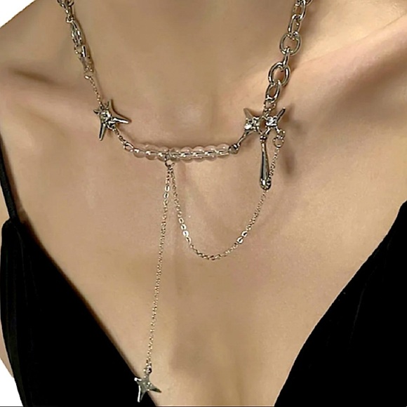Silver North Star Beaded Chain Link Punk Necklace - Picture 11 of 13